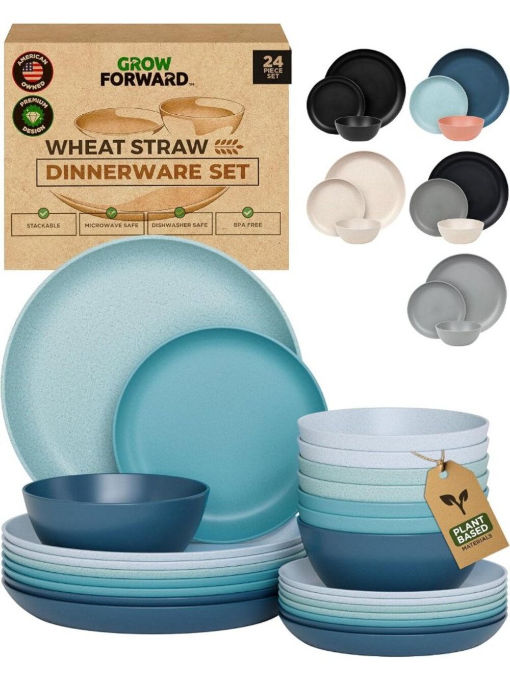 24-Piece Unbreakable Wheat Straw Dinnerware Set for 8 - Dishwasher & Microwave